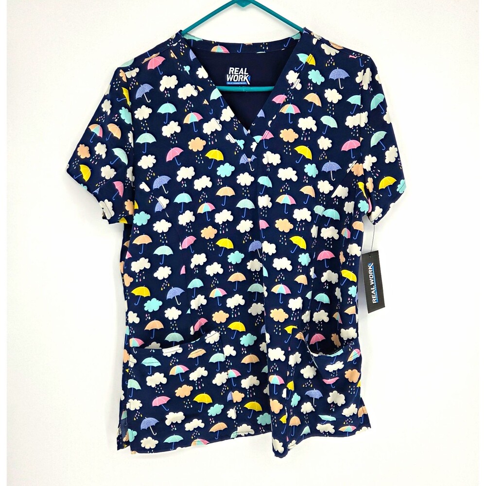 NWT Womens Small V-Neck Scrub Top Navy Blue Cloud Umbrella Print Medical Nurse